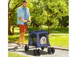 Carro plegable para perros, con cojín, bolsillos laterales y ventanas de malla, poliéster, azul (102x62x105cm)