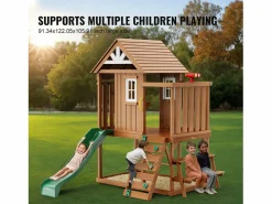 Clearance Casita de Juegos para Niños, SucceBuy - Casa de Juegos de Madera para Exteriores con Tobogán, Escalera y Ventana, Casa de Juegos de Jardín