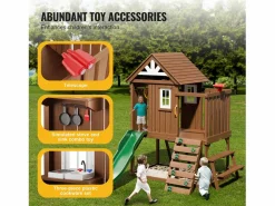 Clearance Casita de Juegos para Niños, SucceBuy - Casa de Juegos de Madera para Exteriores con Tobogán, Escalera y Ventana, Casa de Juegos de Jardín
