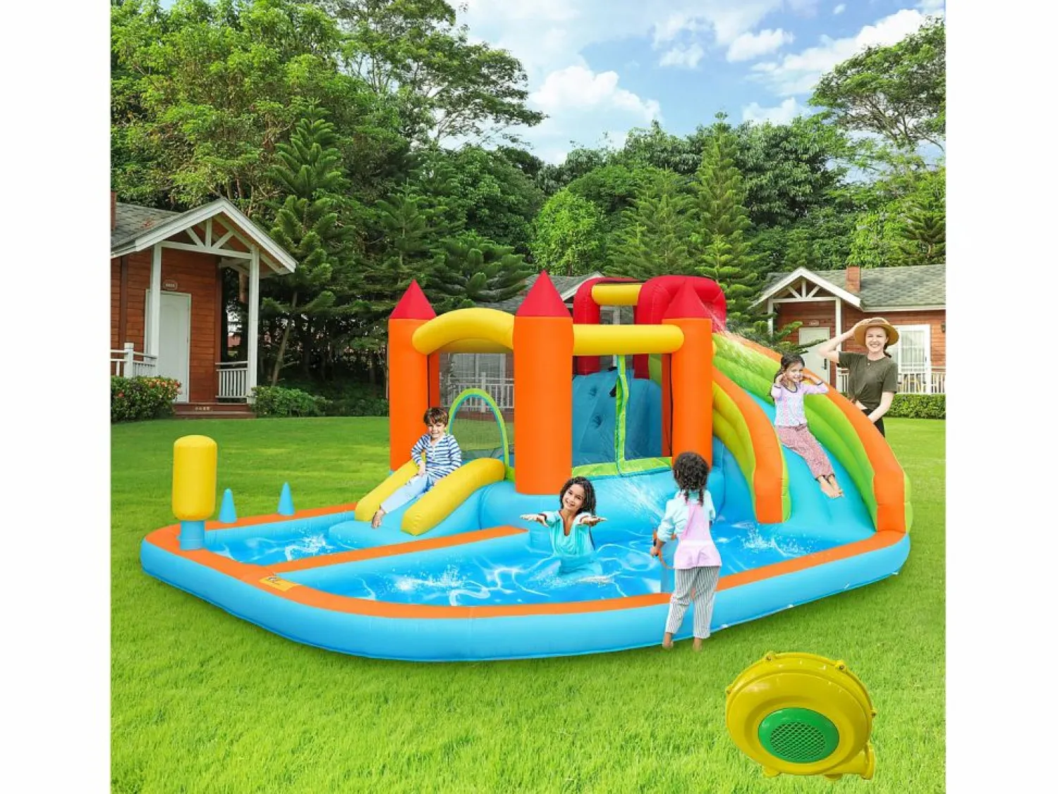 New Merax Castillo inflable 8 en 1 para niños - 460 x 343 x 190 cm - Oxford - Con ventilador - Naranja