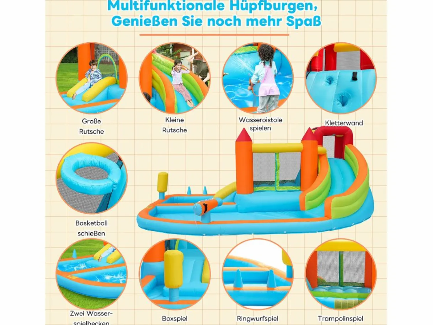New Merax Castillo inflable 8 en 1 para niños - 460 x 343 x 190 cm - Oxford - Con ventilador - Naranja