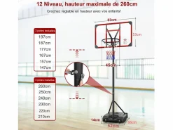 DripeX Cesta de baloncesto, altura ajustable 147-260 cm, con PC de pared posterior de 83x53 cm y base ampliada, 2 ruedas, para niños/adultos-86x83x260cm