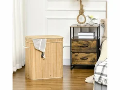 Best Cesta de ropa de bambú con tapa, 2 compartimentos, 90 l, con bolsa extraíble, color natural (54,2 x 35,2 x 59,5 cm) Marru00f3n
