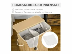 Best Cesta de ropa de bambú con tapa, 2 compartimentos, 90 l, con bolsa extraíble, color natural (54,2 x 35,2 x 59,5 cm) Marru00f3n