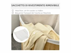Clearance Cesta de ropa de bambú con tapa y bolsa extraíble, madera natural y blanco (38 x 38 x 57 cm) Marru00f3n