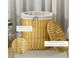 Cesta para la colada con tapa, mimbre natural, 100 l de capacidad, ideal para dormitorio y baño (51 x 38 x 57 cm)
