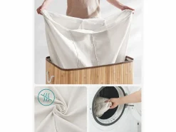 Outlet Cesta para la colada de bambú natural Valora de 3 compartimentos y 150 l con tapa Color natural claro