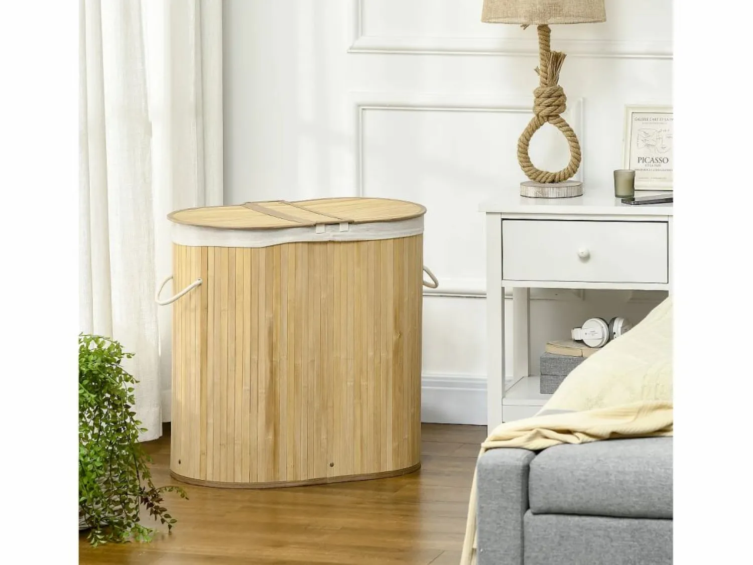 Discount Cesta para la ropa con tapa, 2 compartimentos extraíbles, bambú natural, organizada y ventilada (62,5 x 37 x 60,5 cm) Cesto De Ropa