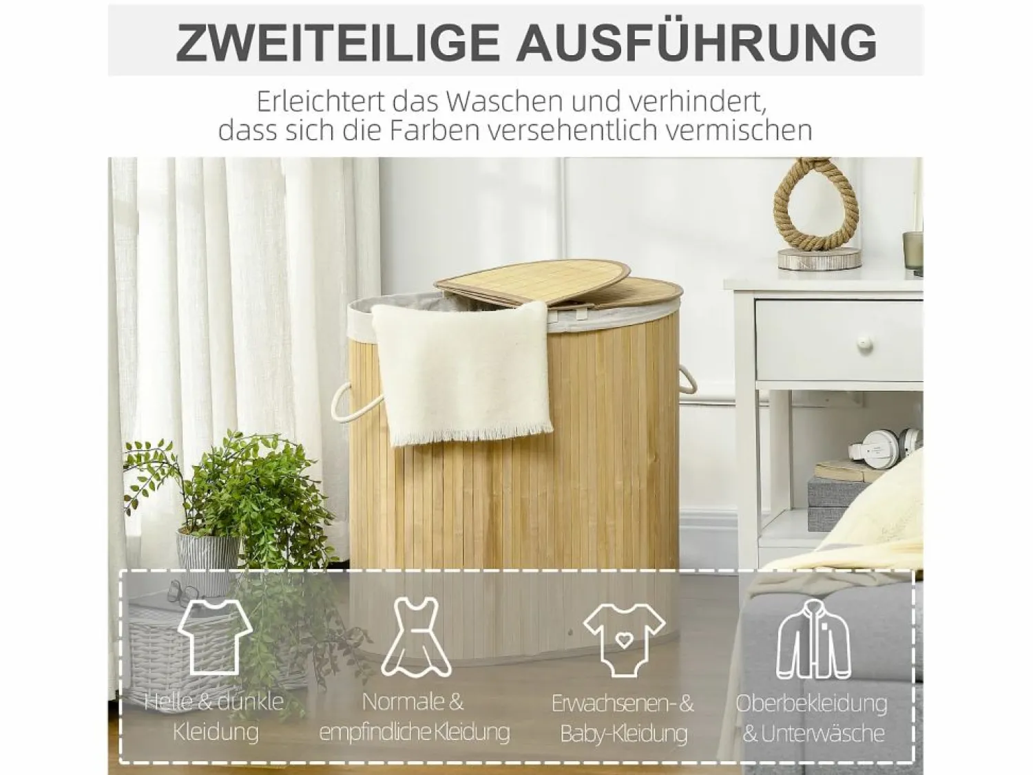 Discount Cesta para la ropa con tapa, 2 compartimentos extraíbles, bambú natural, organizada y ventilada (62,5 x 37 x 60,5 cm) Cesto De Ropa