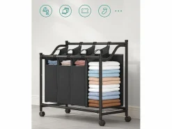 Cesta para la ropa sucia Valora negra de 4 compartimentos con ruedas, 140 l