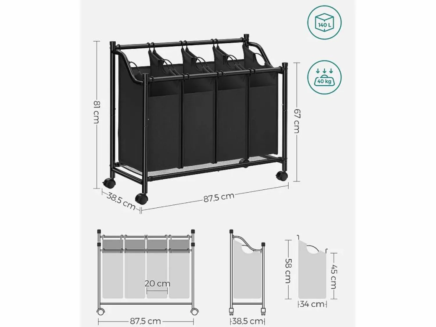 Cesta para la ropa sucia Valora negra de 4 compartimentos con ruedas, 140 l