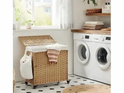 Calicosy Cesto de ropa con 3 compartimentos sobre ruedas, imitación de junco natural Blanco