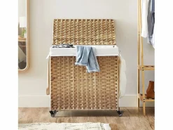 Calicosy Cesto de ropa con 3 compartimentos sobre ruedas, imitación de junco natural Blanco