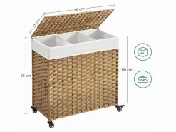 Calicosy Cesto de ropa con 3 compartimentos sobre ruedas, imitación de junco natural Blanco