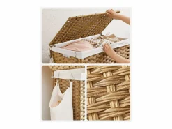 Calicosy Cesto de ropa con 3 compartimentos sobre ruedas, imitación de junco natural Blanco