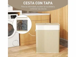 Homcom Cesto para ropa sucia Jodie 100L 2 cestas con tapa natural 63x52x32 cm