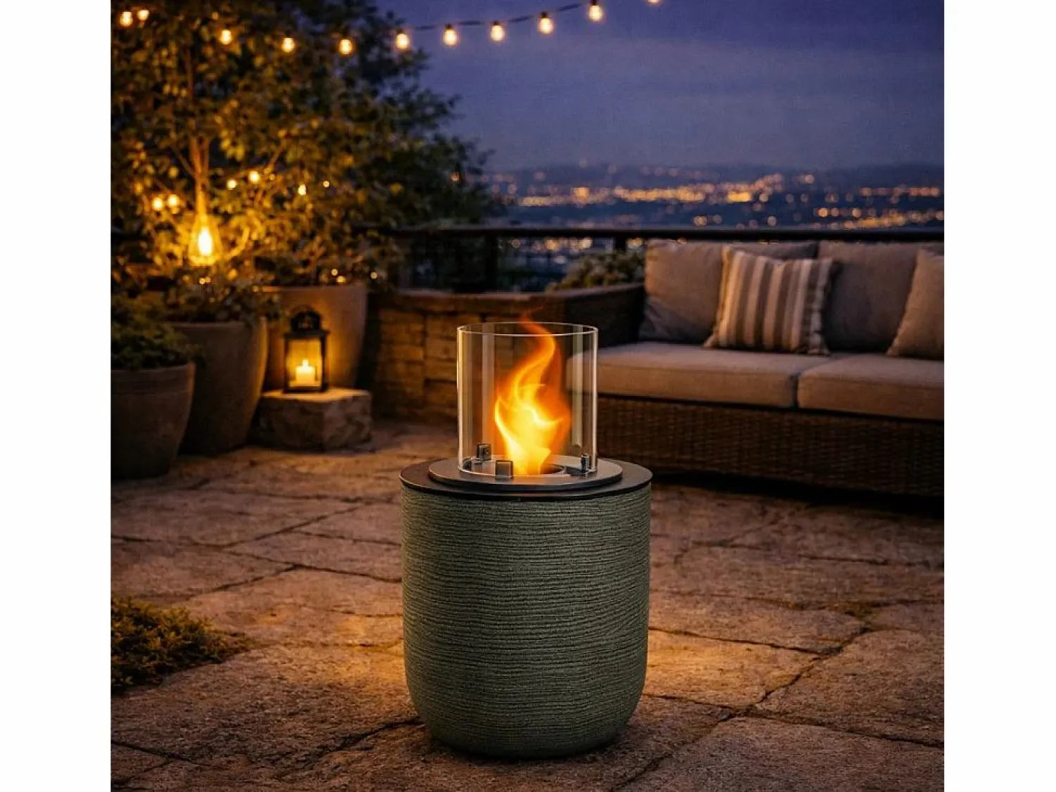 Clearance Chimenea de bioetanol RAFFAELLO Sage Green, brasero de jardín, de pie, para uso interior y exterior, d.35 x h.55 Chimenea|Chimenea