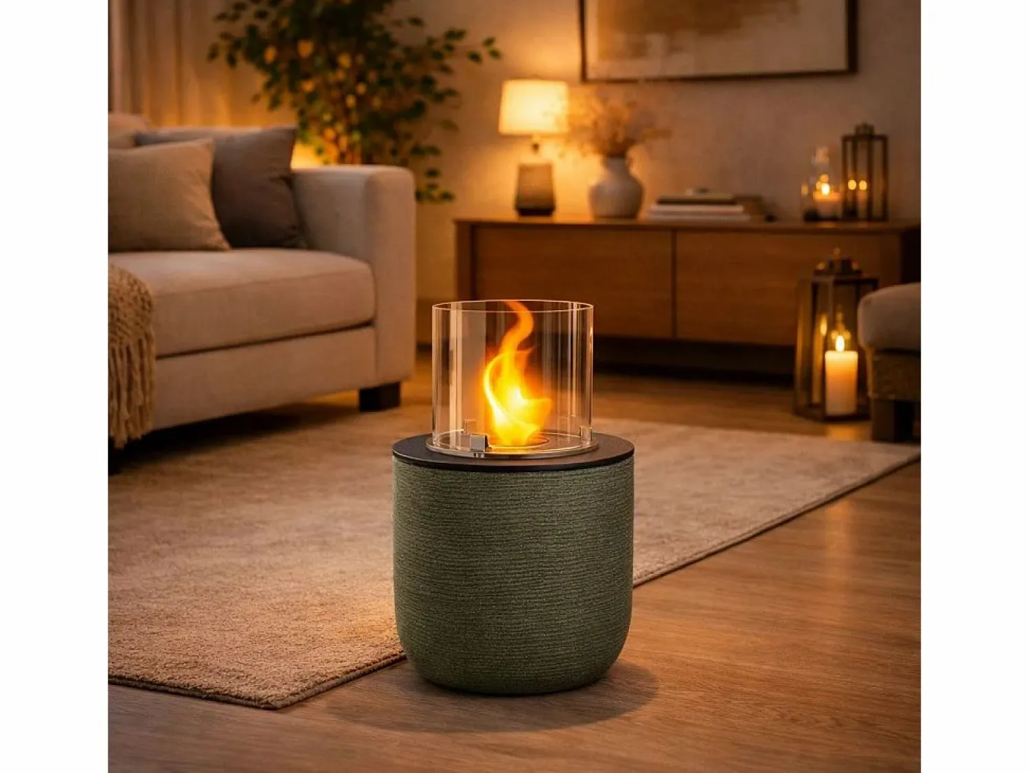 Clearance Chimenea de bioetanol RAFFAELLO Sage Green, brasero de jardín, de pie, para uso interior y exterior, d.35 x h.55 Chimenea|Chimenea
