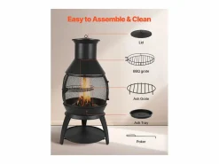 Chimenea Exterior SucceBuy, de Hierro de 56 cm, con Reja y Tapa de Chimenea, para Reuniones en el Jardín, Acampadas y Fiestas al Aire Libre