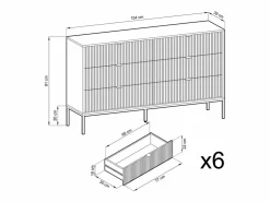 Cómoda: 6 cajones, , patas doradas, 154 x 39 x 83 cm, tiradores dorados