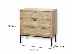 Calicosy Cómoda 3 cajones efecto madera con rejilla de ratán L80 x P39 cm - JAYA