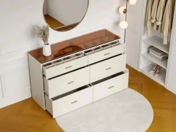 Hot Vente-unique Cómoda 6 cajones en MDF y vidrio templado color blanco lacado y marrón - MATIRINA Marru00f3n / Blanco