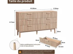 Clearance Cómoda acanalada con 6 cajones, Cómoda moderna con almacenaje para recibidor, 100 x 34 x 73 cm, madera Cómoda