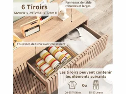 Clearance Cómoda acanalada con 6 cajones, Cómoda moderna con almacenaje para recibidor, 100 x 34 x 73 cm, madera Cómoda