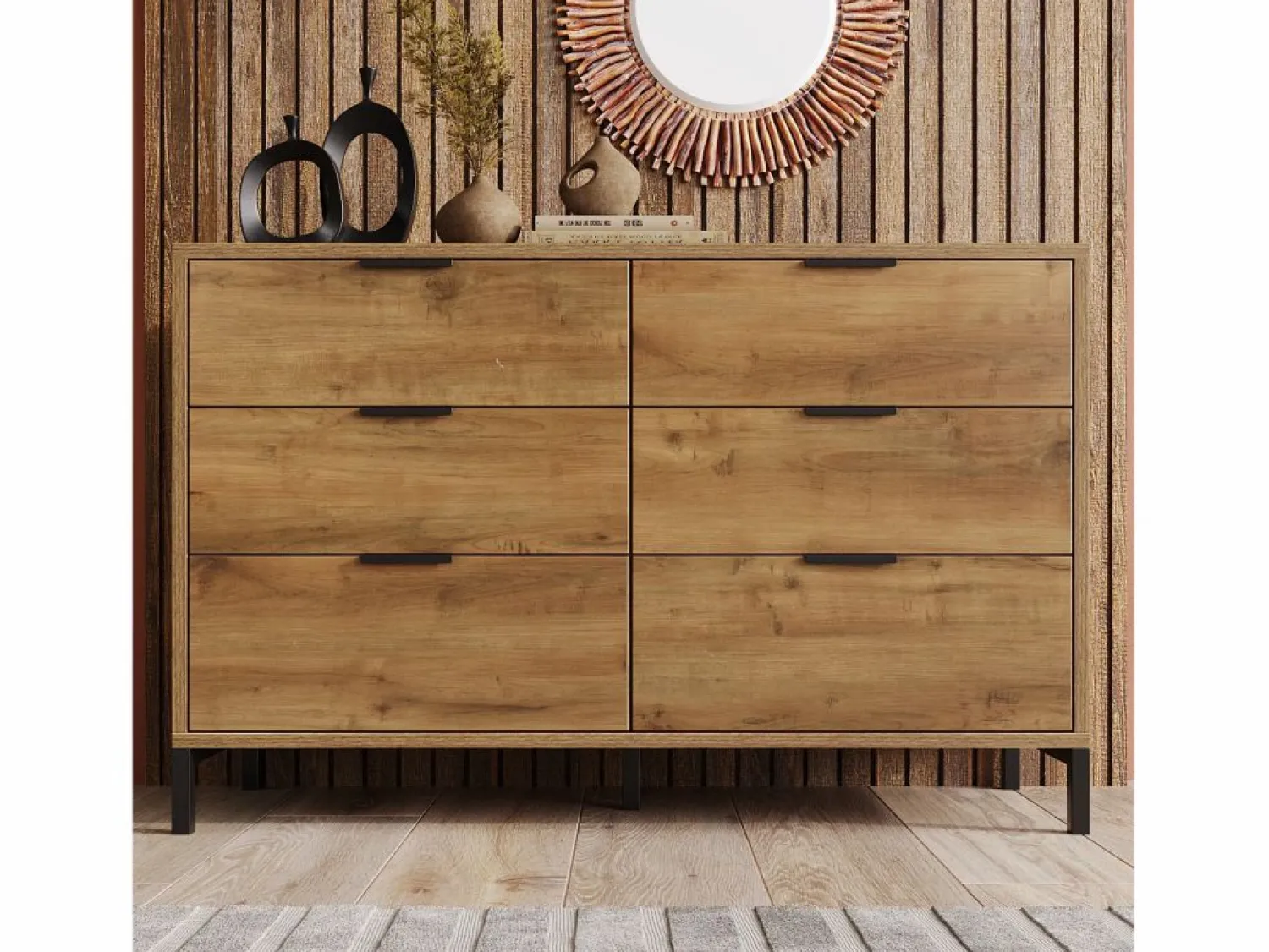 Online Merax Cómoda, aparador con 6 cajones, 120 x 40 x 76 cm, Tablero de partículas + metal, Roble oscuro Color natural claro
