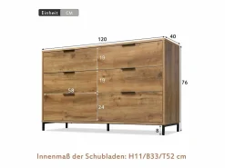 Online Merax Cómoda, aparador con 6 cajones, 120 x 40 x 76 cm, Tablero de partículas + metal, Roble oscuro Color natural claro