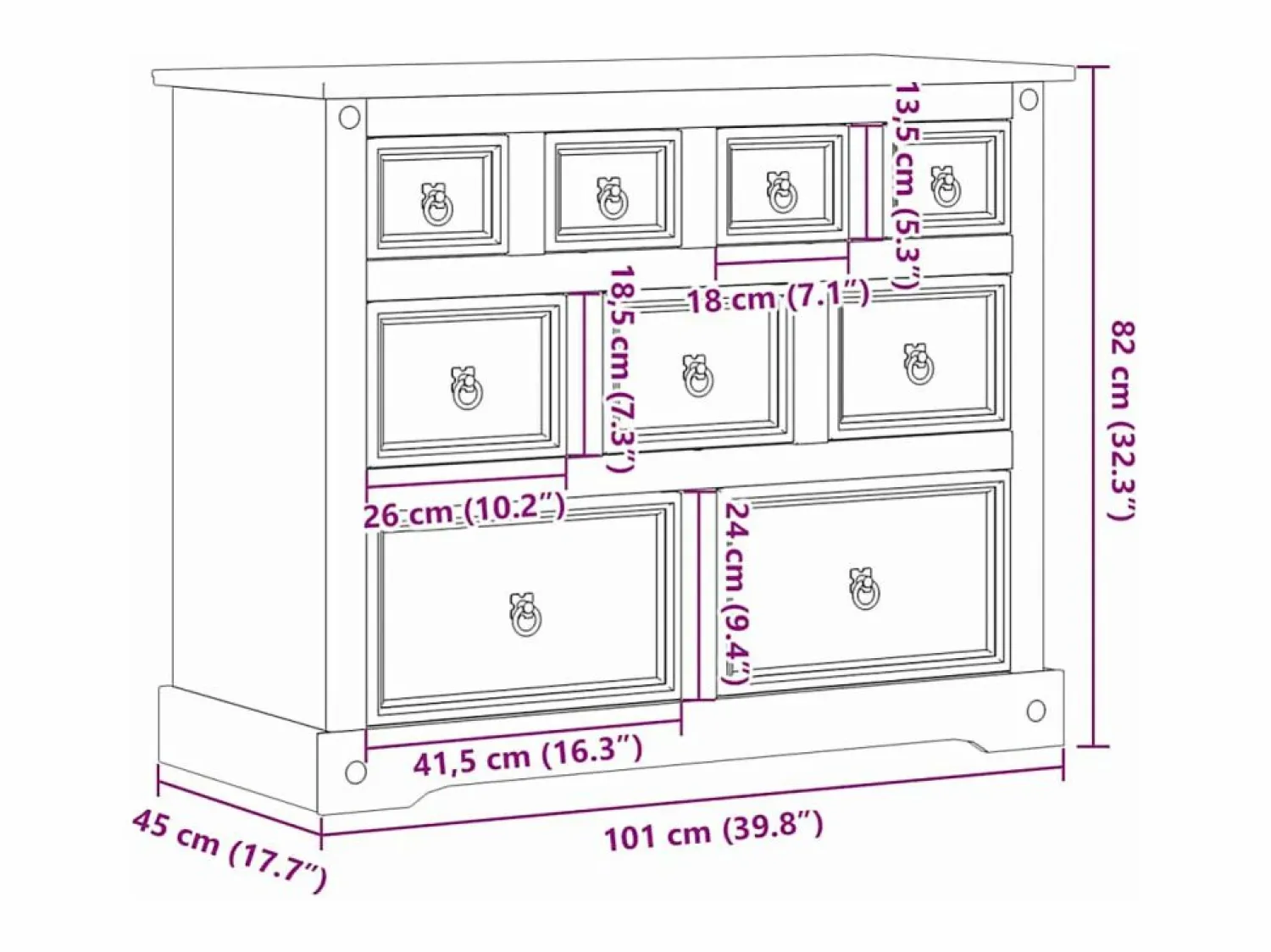 Hot vidaxl Cómoda cajonera Corona madera maciza de pino 101x45x82 cm Color natural claro