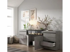 Sale Cómoda, Cajonera, 214x35x75cm, Dormitorio, habitación, Chimenea eléctrica, Cemento Cómoda