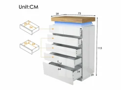 Outlet Merax Cómoda con 6 cajones - 73 x 39 x 115 cm - LED - Tablero de partículas - para salón y dormitorio - Blanco