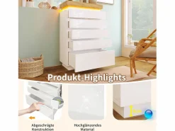 Outlet Merax Cómoda con 6 cajones - 73 x 39 x 115 cm - LED - Tablero de partículas - para salón y dormitorio - Blanco