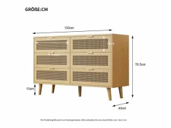 Online Cómoda con 6 cajones de ratán - 120 x 40 x 76,5 cm - Tablero de partículas + tiradores de metal - Roble Cómoda
