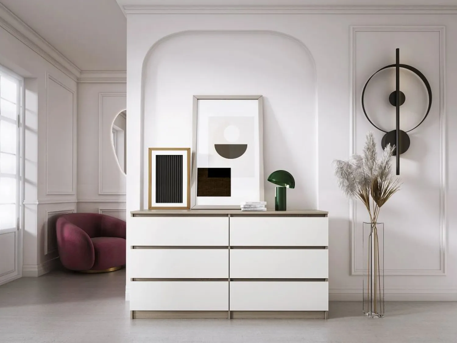 Hot Cómoda con 6 cajones: roble Sonoma/blanco mate, 138 x 39 x 79 cm Marru00f3n