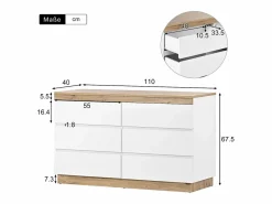 Merax Cómoda de 6 cajones - 110 x 40 x 67,5 cm - para dormitorio y salón - Aglomerado E1 - + roble