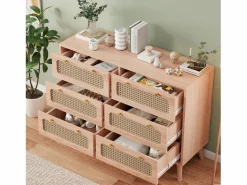 Discount Cómoda de 6 cajones - Cómoda de ratán para dormitorio - Cómoda de madera con tiradores dorados - 100x34x73cm Muebles Niño