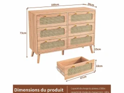 Discount Cómoda de 6 cajones - Cómoda de ratán para dormitorio - Cómoda de madera con tiradores dorados - 100x34x73cm Muebles Niño