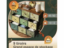 Cómoda de 9 cajones - Mueble de dormitorio - Estructura de metal y tapa de madera - Mueble de almacenaje para salón - Estilo vintage