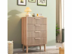 Cómoda de 4 cajones - Tiradores y patas de madera - Diseño de líneas - Cómoda moderna de 4 cajones en madera y ratán