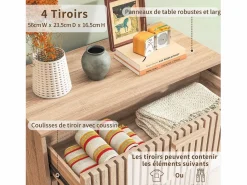 Cómoda de 4 cajones - Tiradores y patas de madera - Diseño de líneas - Cómoda moderna de 4 cajones en madera y ratán