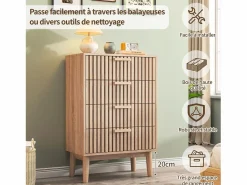 Cómoda de 4 cajones - Tiradores y patas de madera - Diseño de líneas - Cómoda moderna de 4 cajones en madera y ratán