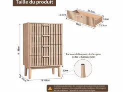 Cómoda de 4 cajones - Tiradores y patas de madera - Diseño de líneas - Cómoda moderna de 4 cajones en madera y ratán
