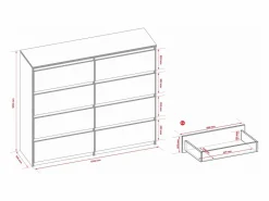Outlet Cómoda de 8 cajones: mate, 120 x 39 x 101 cm Blanco
