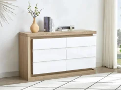 Cómoda de 6 cajones con LEDs MDF blanco lacado y natural - FLARANCIA Cómoda