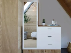 Discount Vente-unique Cómoda de 3 cajones con mueble y espejo en blanco y natural - VITORIO Color natural claro / Blanco