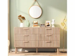 Cómoda de 6 cajones con tiradores de madera y patas de apoyo, para recibidor o salón, color madera