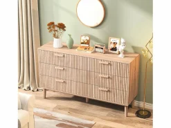 Cómoda de 6 cajones con tiradores de madera y patas de apoyo, para recibidor o salón, color madera