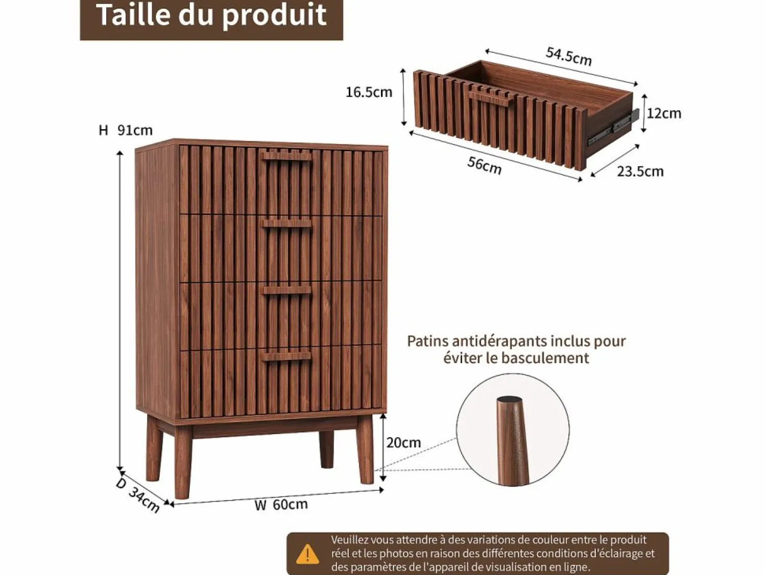 Hot Cómoda de cuatro cajones, madera, mueble de almacenaje con cajones, para dormitorio o salón, 60 x 34 x 91 cm Muebles Niño